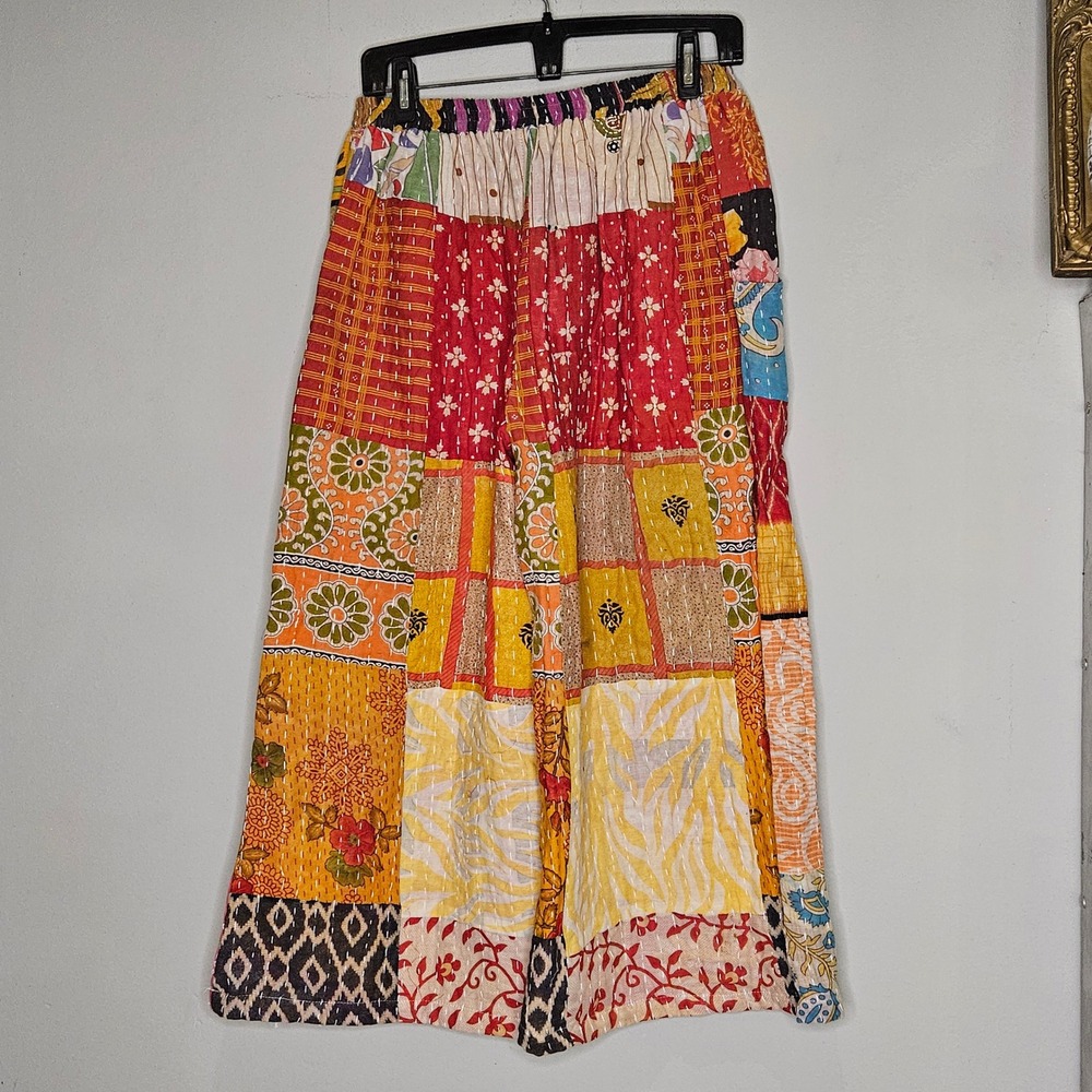 Boho Patchwork Wide Leg Pants S/M Comfy Funky Artsy Hippie Festival Colorful - Picture 2 of 12